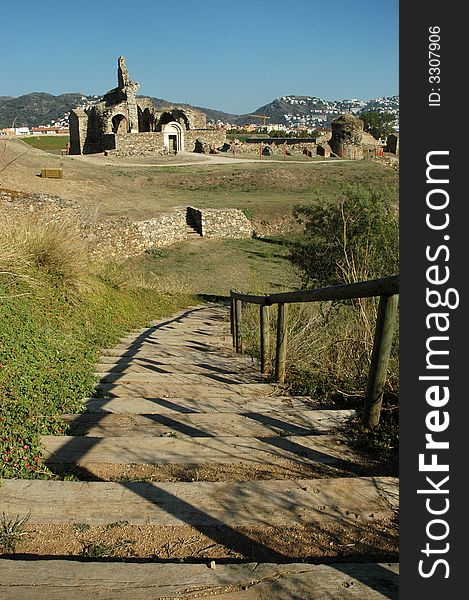 Stairs and ruins of a church in roses spain. Stairs and ruins of a church in roses spain