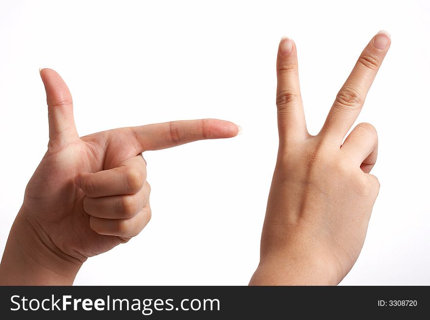 A hand pointing at something over a white background. A hand pointing at something over a white background
