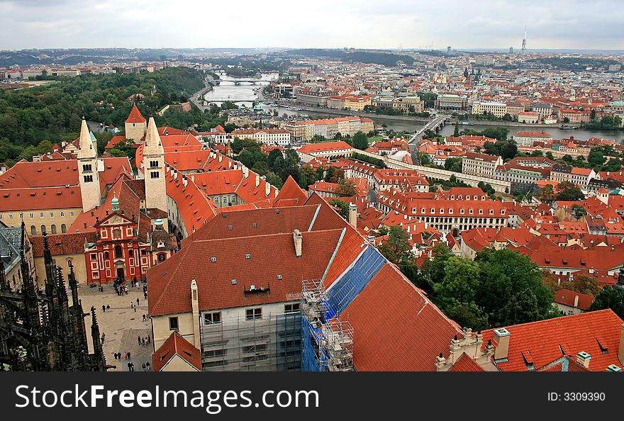 The aerial view of Prague City from the Top of the Cathedral of Sv Vit in Prague Castle