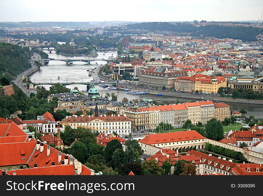 The aerial view of Prague City from the Top of the Cathedral of Sv Vit in Prague Castle