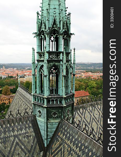 The aerial view of Prague City from the Top of the Cathedral of St Vitus in Prague Castle