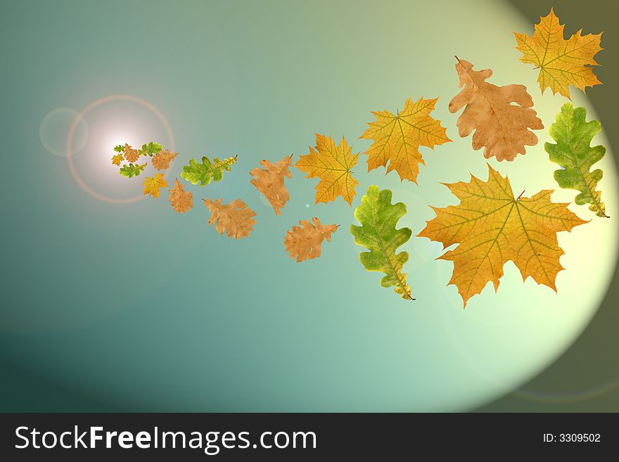 Flying multi-coloured leaves on an abstract background.