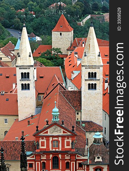 The aerial view of Prague City from the Top of the Cathedral of Sv Vit in Prague Castle