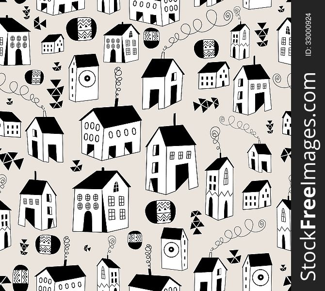 Seamless pattern with graphic houses on a light background. Seamless pattern with graphic houses on a light background