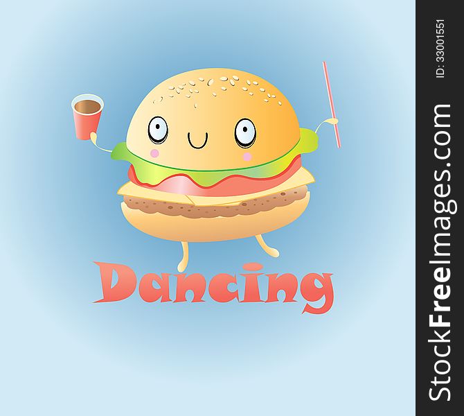 Cheerful dancing burger on a blue background. Cheerful dancing burger on a blue background