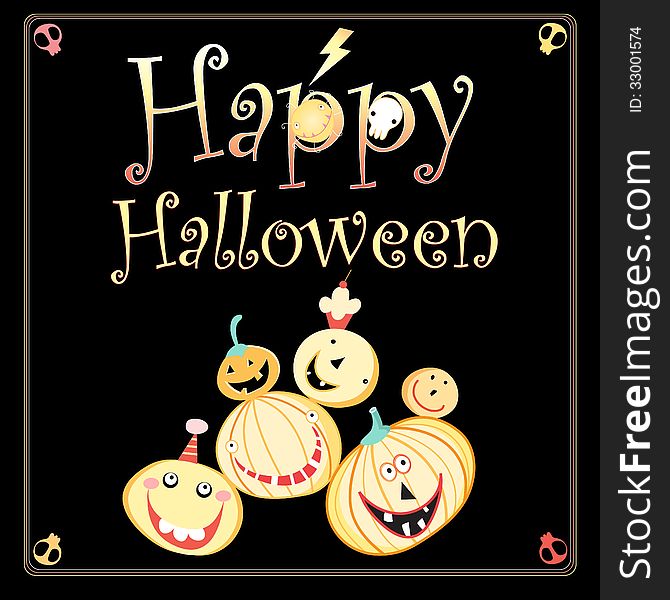 Greeting card for Halloween on a black background with pumpkins and skulls