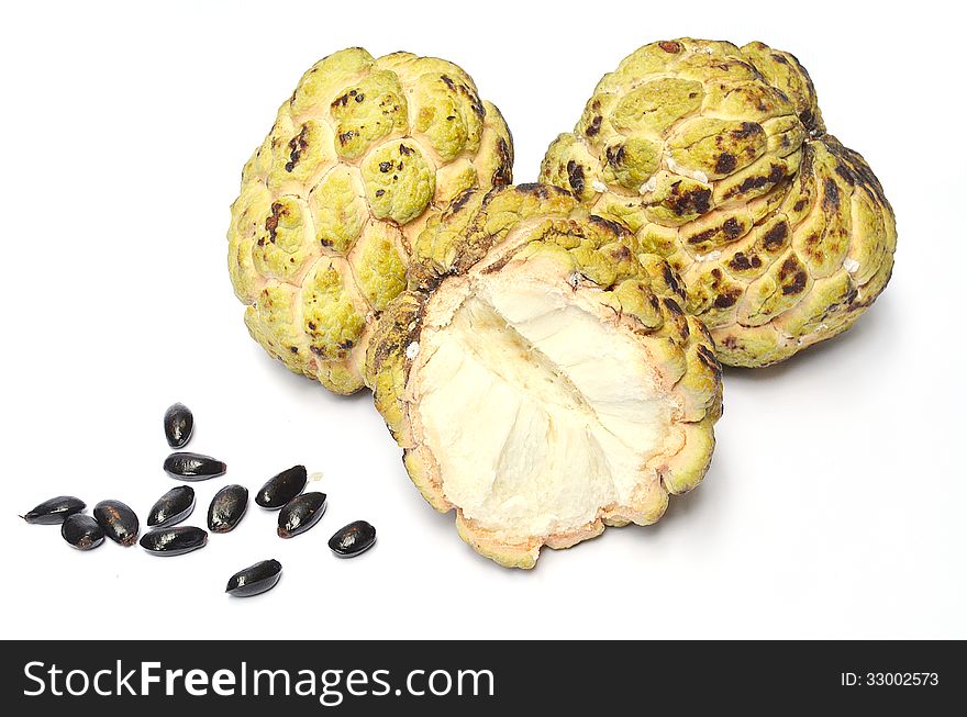 Custard apple sugar apple on white with seads