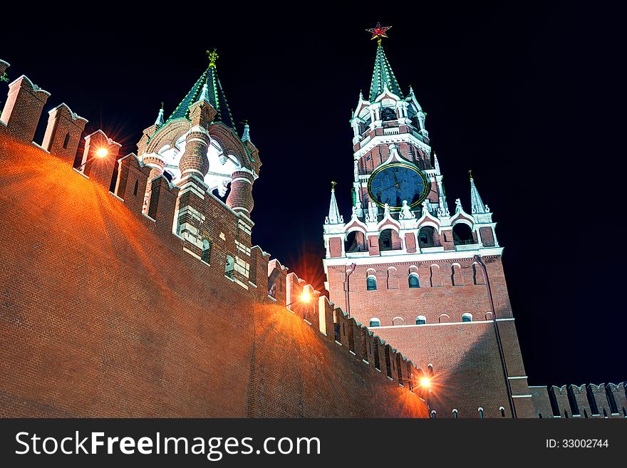 The Spasskaya Tower of Moscow Kremlin at night