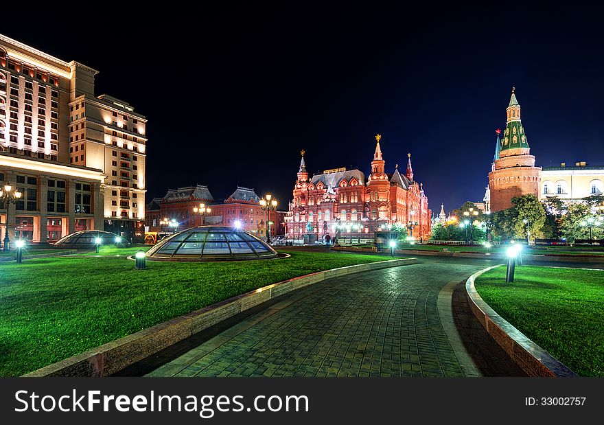 Manezhnaya Square at night in Moscow, Russia
