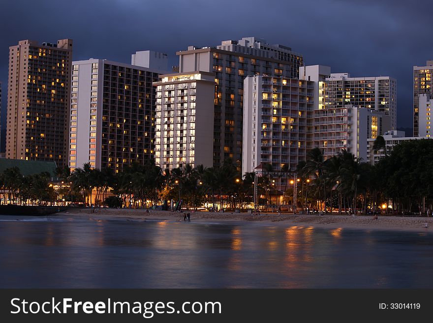 Night scene of Waikiki beach, Honolulu