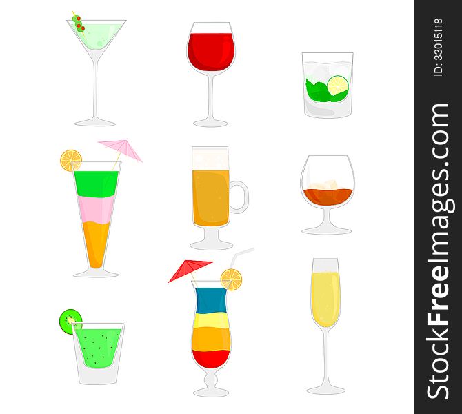 Nine variety of cocktails and alcohol drinks in different glasses