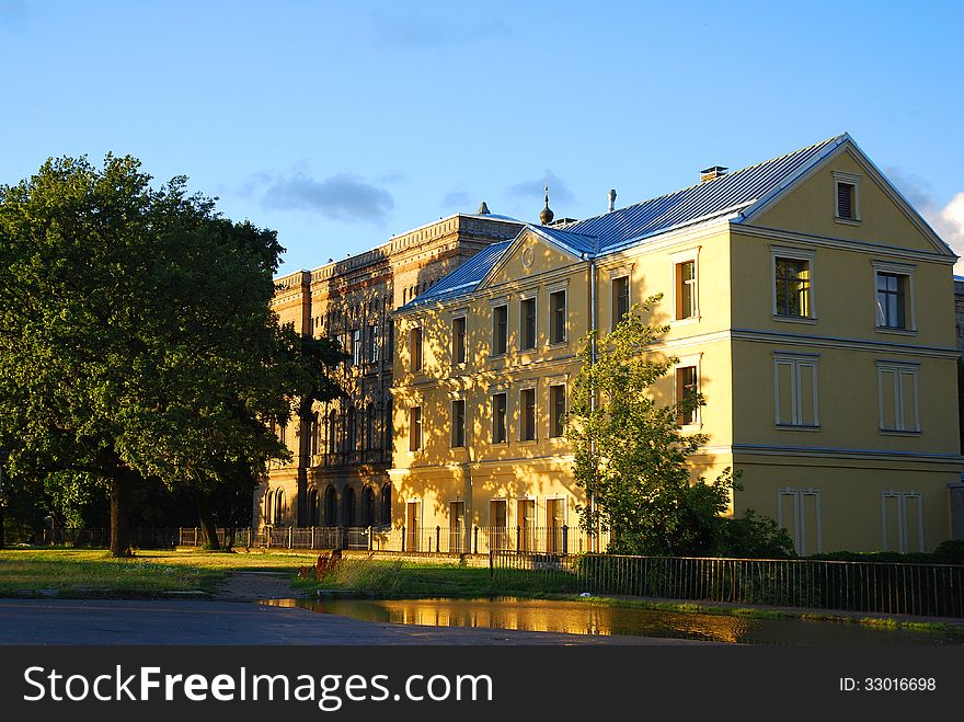 Manor house view in evening sunlight, Riga city, Latvia