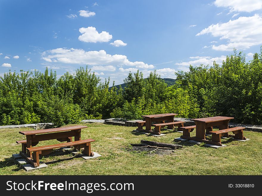 Benches and a fireplace