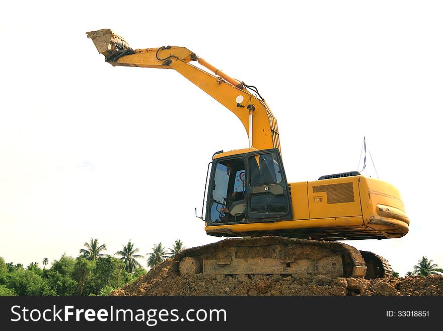Excavator and backhoe on white background