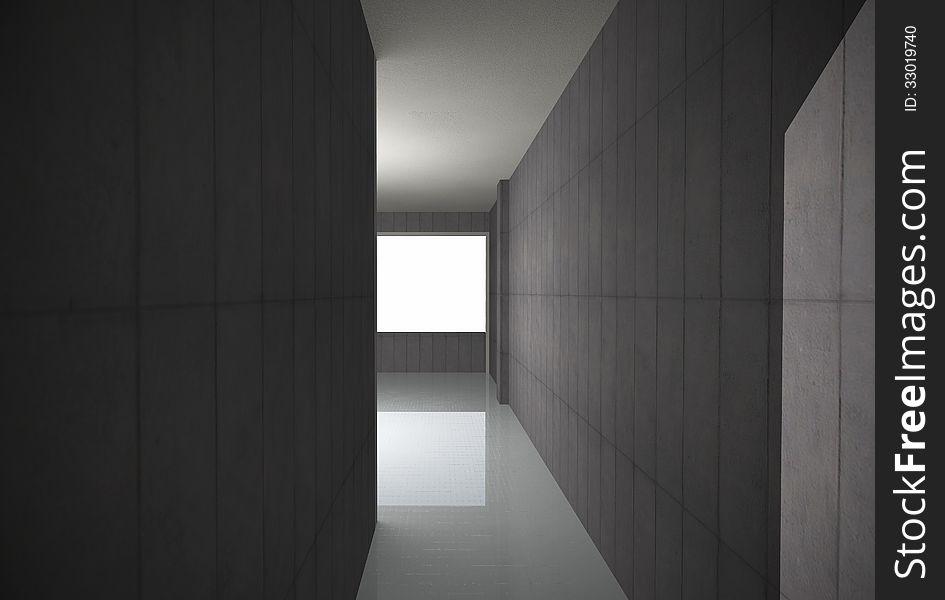 Empty Bare Concrete Corridor, 3D rendering