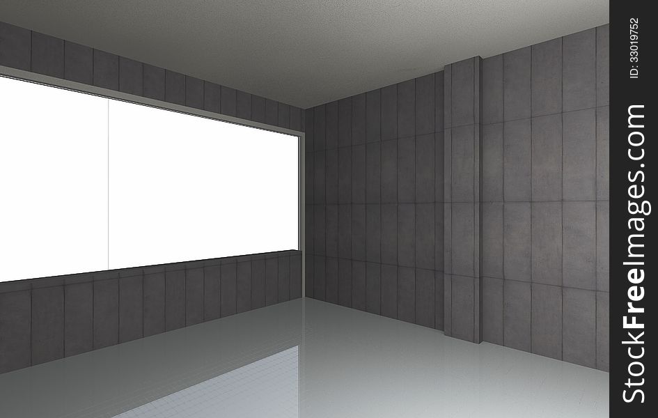 Empty Room, Bare Concrete Wall And Reflecting Floor