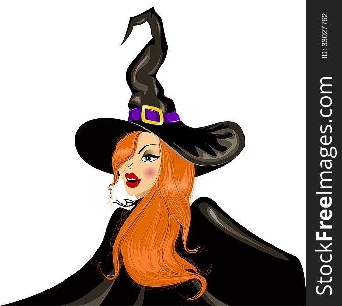 Vector illustration of halloween witch in the hat. Vector