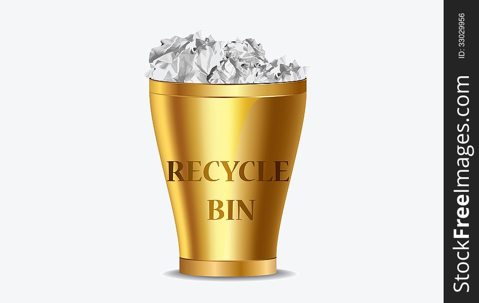 Gold recycle bin with sign isolated on white background. Gold recycle bin with sign isolated on white background