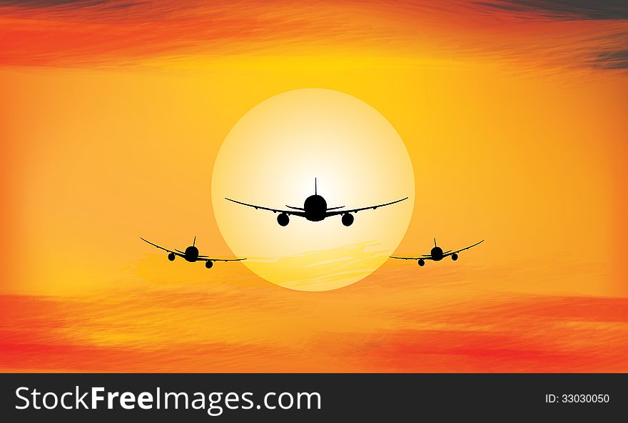 Bright sunset in the sky with airplane. Bright sunset in the sky with airplane