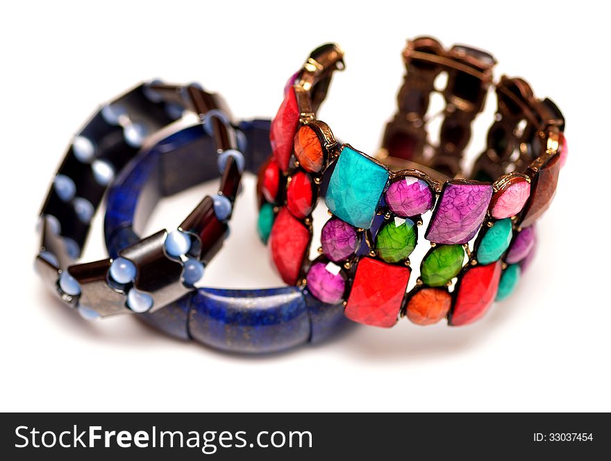 Three different bracelet on white background. Hematite Lapis Lazuli. Three different bracelet on white background. Hematite Lapis Lazuli