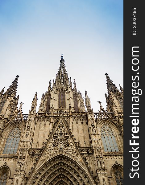 Facade of Gothic Catholic Barcelona Cathedral in Spain Copy space available. Facade of Gothic Catholic Barcelona Cathedral in Spain Copy space available