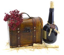 Bottle With Old Box And Manuscript Stock Photography Bottle With Old Box And Manuscript Stock Photography