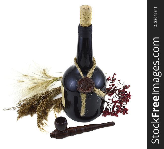 Black bottle of wine with smoking pipe isolated. Black bottle of wine with smoking pipe isolated