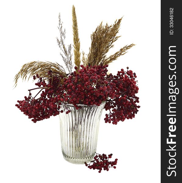 Bunch of red berries with herbs in glass isolated