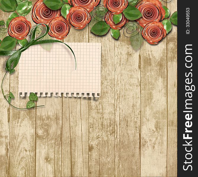 Old Wooden Background With Paper Roses And A Place For Text