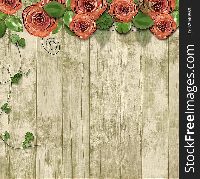 Old wooden background with paper roses and with space for text o