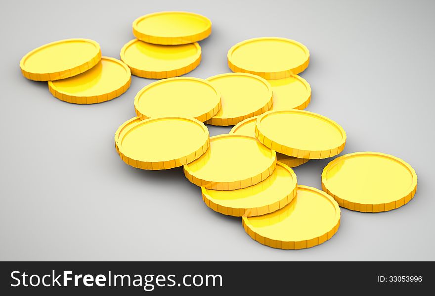 Golden coins on grey background. 3d illustration