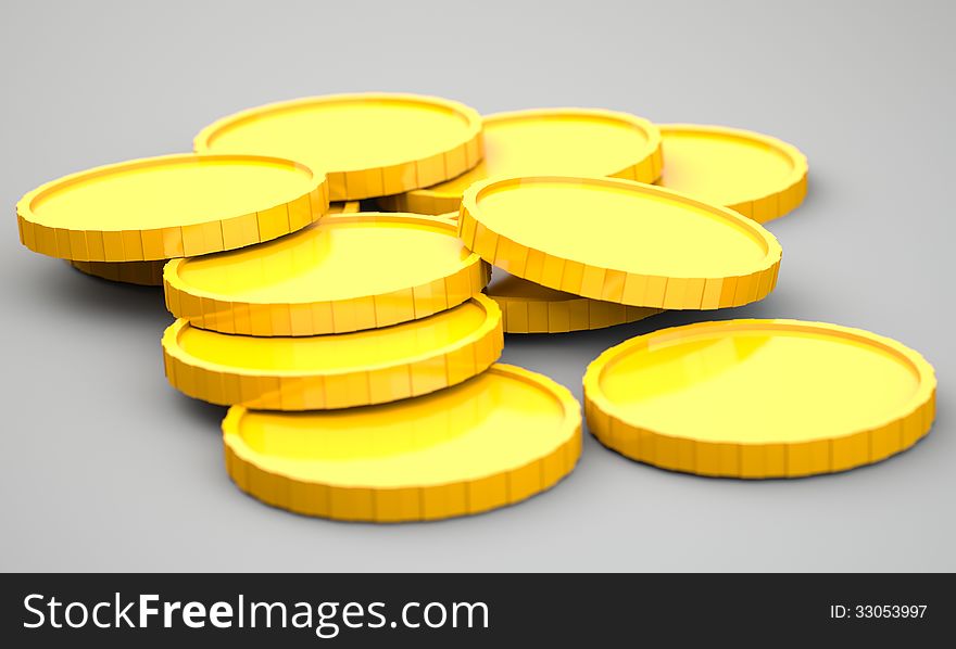 Golden coins on grey background. 3d illustration