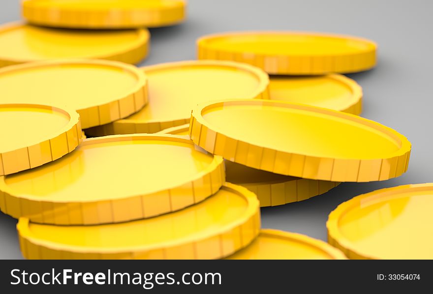 Golden coins on grey background. 3d illustration