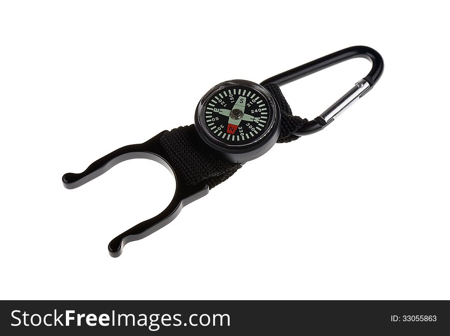 Isolated compass with strong karabiner hook. Isolated compass with strong karabiner hook