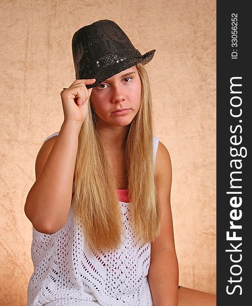 Teenage Female Tipping Black Hat. Teenage Female Tipping Black Hat