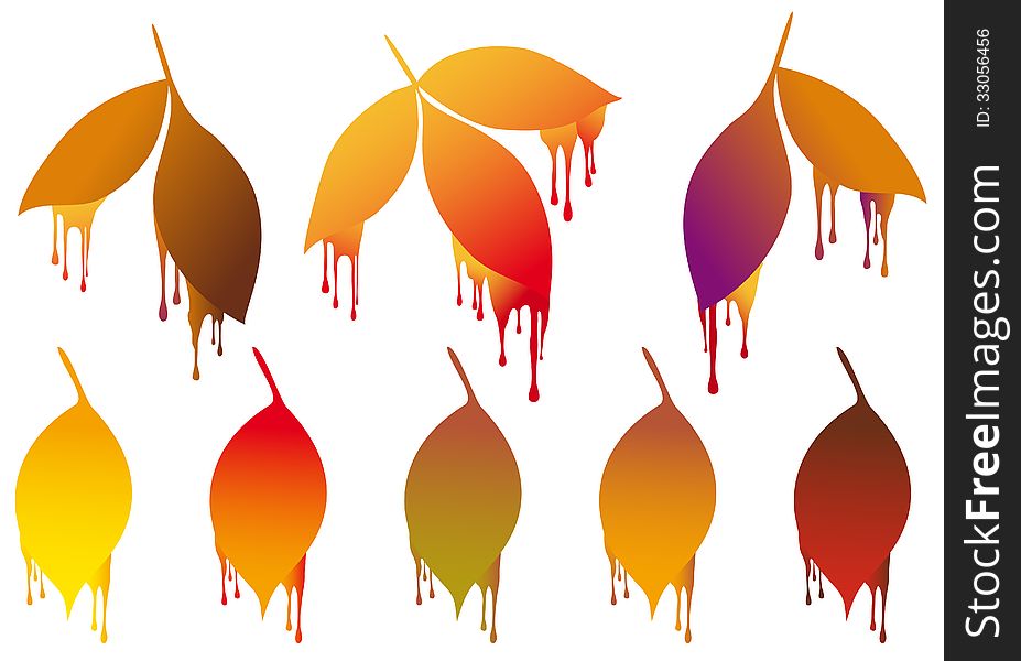 Colorful autumn leaves with paint drops, vector design elements. Colorful autumn leaves with paint drops, vector design elements