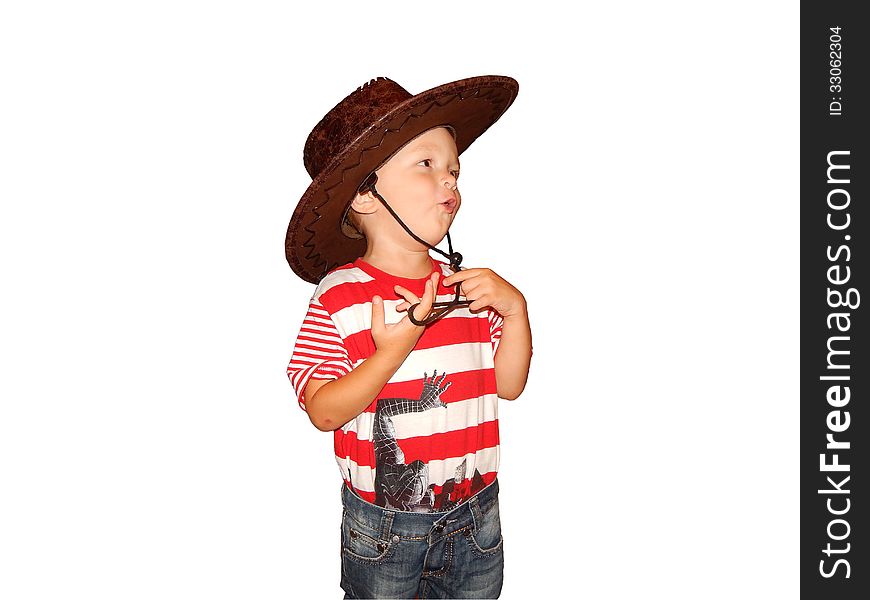Kid in a cowboy hat singing, white background. Kid in a cowboy hat singing, white background