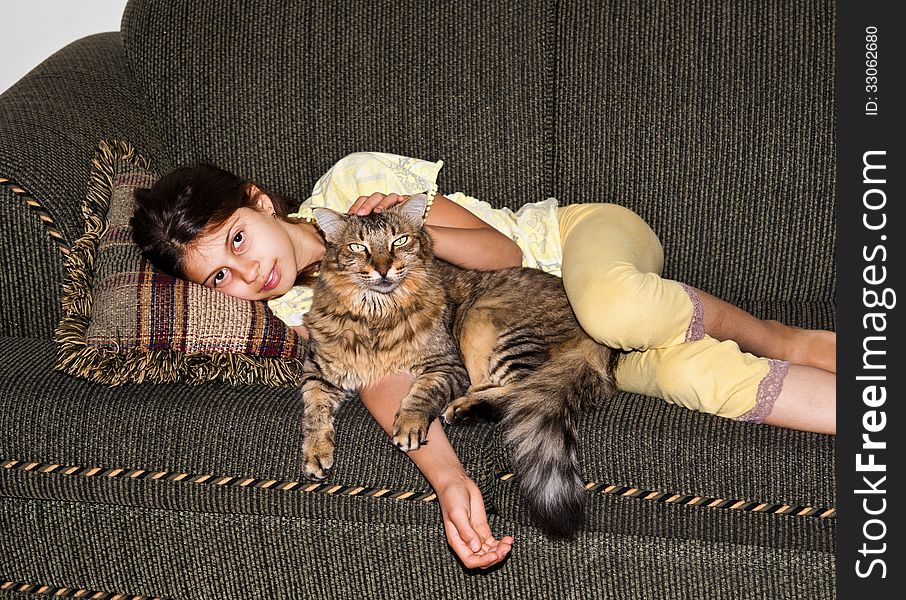 Girl lying on the couch with a favorite cat. Girl lying on the couch with a favorite cat