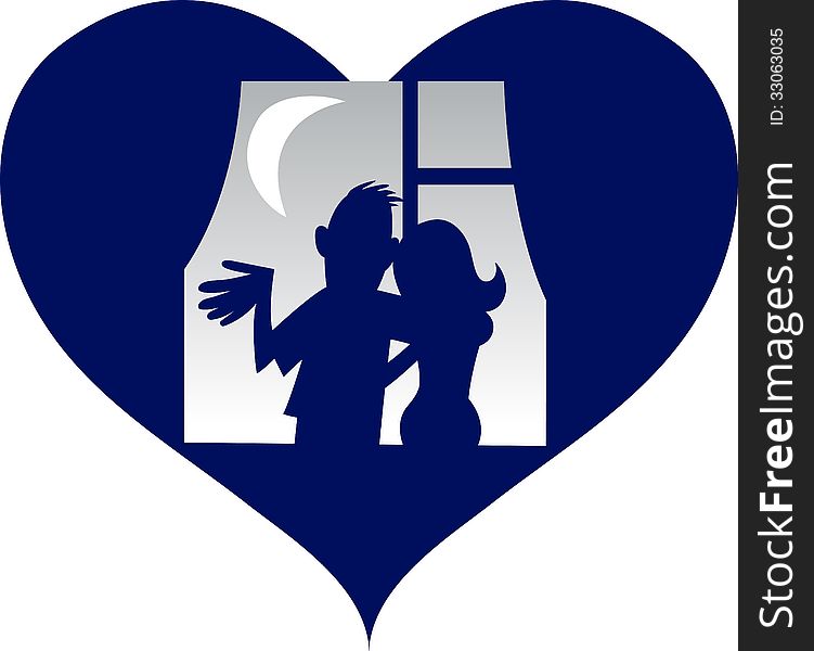 The illustration shows a couple in love. They stand near the window and look at the moon in the sky. Illustration made as a silhouette in a cartoon style. The illustration shows a couple in love. They stand near the window and look at the moon in the sky. Illustration made as a silhouette in a cartoon style.