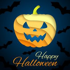 Happy Halloween Card. Paper Pumpkin On Dark Stock Images