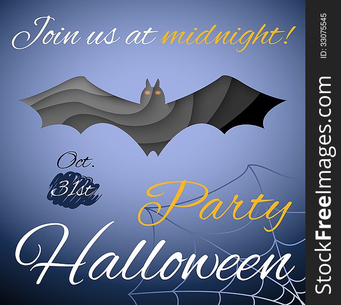 Halloween party poster. Dark paper bat. Vector illustration for your holiday design. Applique background. White, orange ,black and dark blue color. Web decoration.