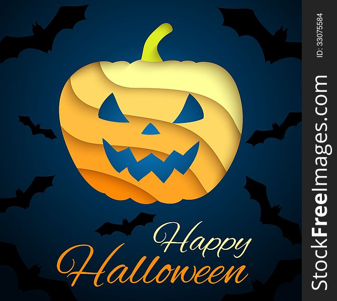 Happy Halloween card. Paper pumpkin on dark background with bats. Vector illustration for your holiday design. Applique background. Yellow, orange, black and dark blue color.