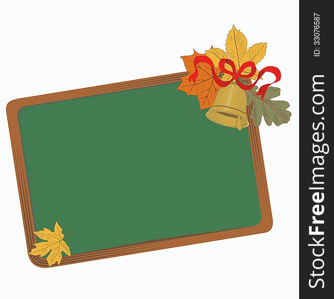 School board with autumn leaves and bell with ribbon. School board with autumn leaves and bell with ribbon
