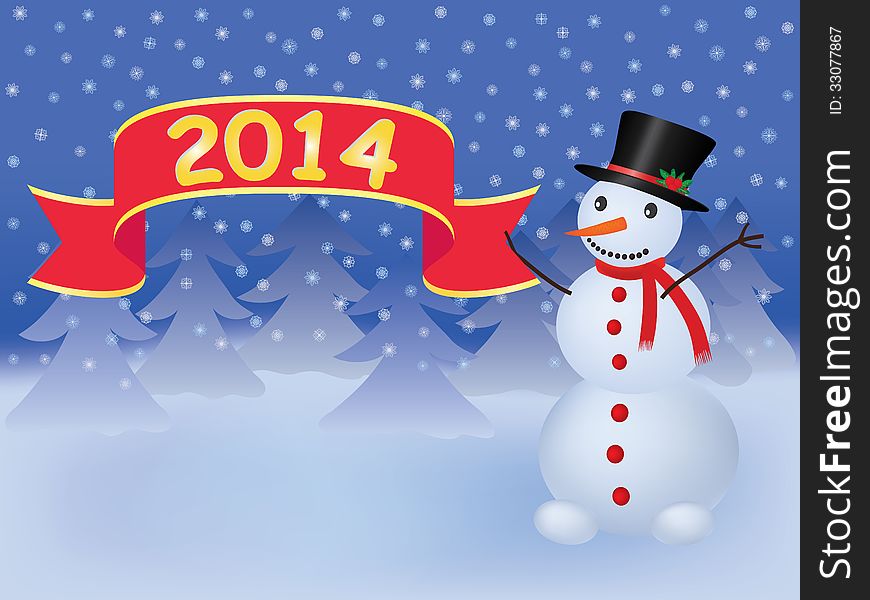 New Year 2014 background with snowman holding banner