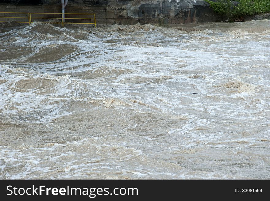 Rising water levels in the river Neckar in Stuttgart in Germany. Rising water levels in the river Neckar in Stuttgart in Germany