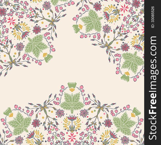 Ornamental floral card. Bright background with many flower, leaves and berries details.