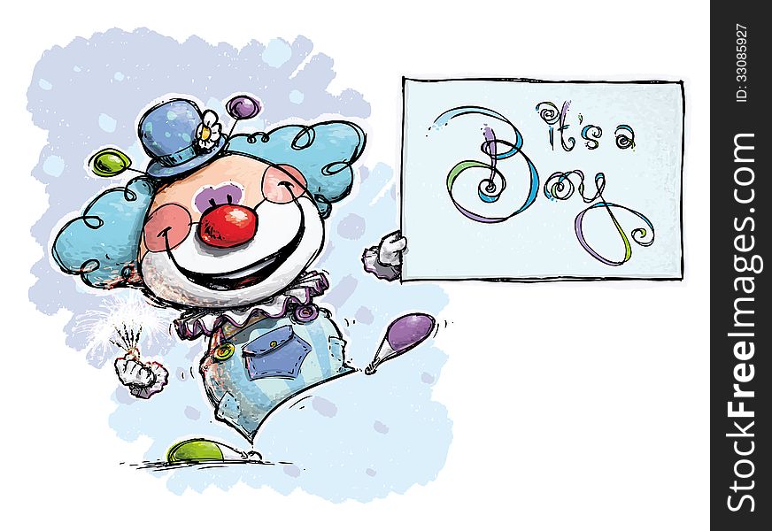 Cartoon artistic illustration of a Clown Holding an Its a Boy Card