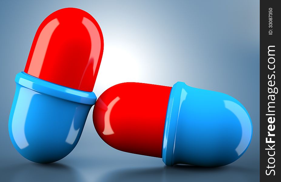 Blue-red pills on dark background. 3d illustration