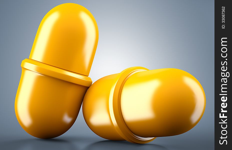 Two golden pills on blue background. 3d illustration