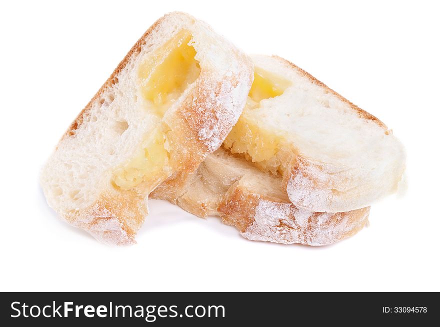 Closeup of slice cheese bread isolated on white. Closeup of slice cheese bread isolated on white
